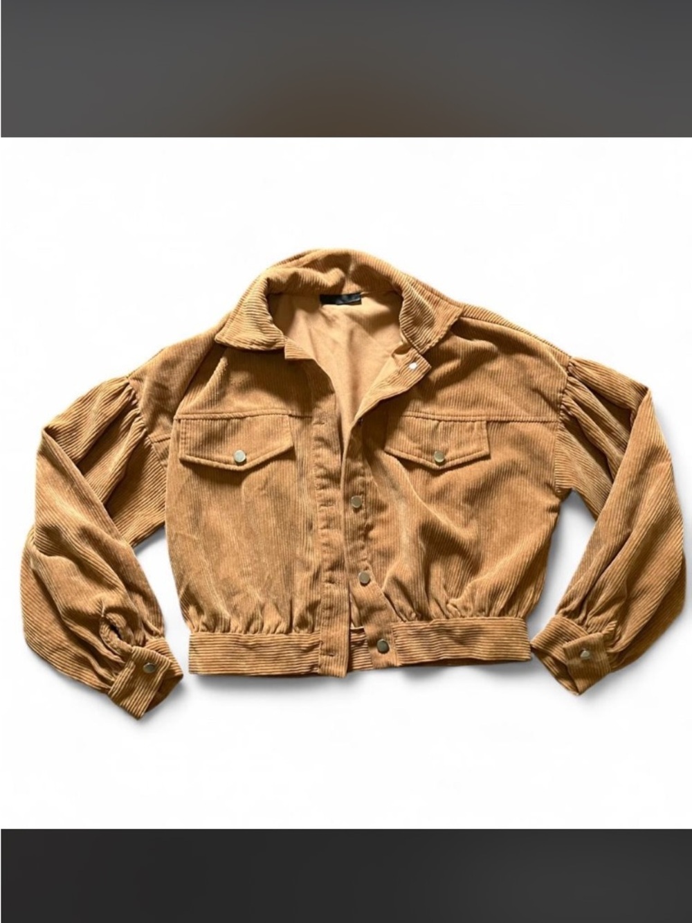 Corduroy Cropped Jacket in Tan Button Up Cuff Sleeves Small SHEIN